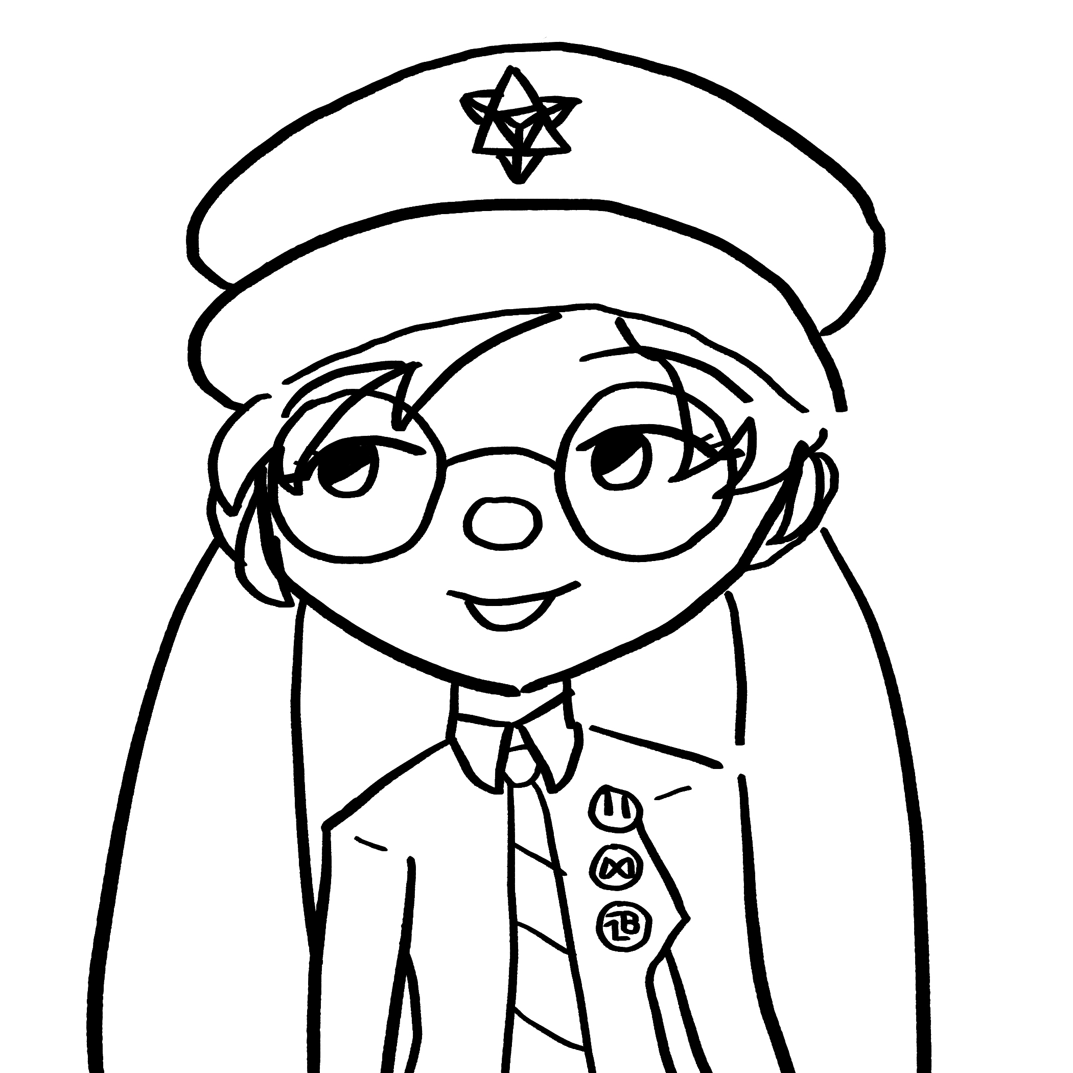 Black lineart of a girl with round sunglasses, long pigtails, a cap, a striped tie, a collared shirt, and several pins on her shirt.